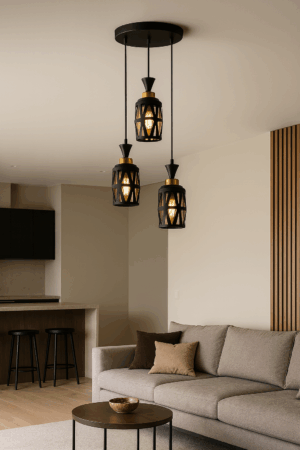 Triple Black Chandelier with Amber Glass
